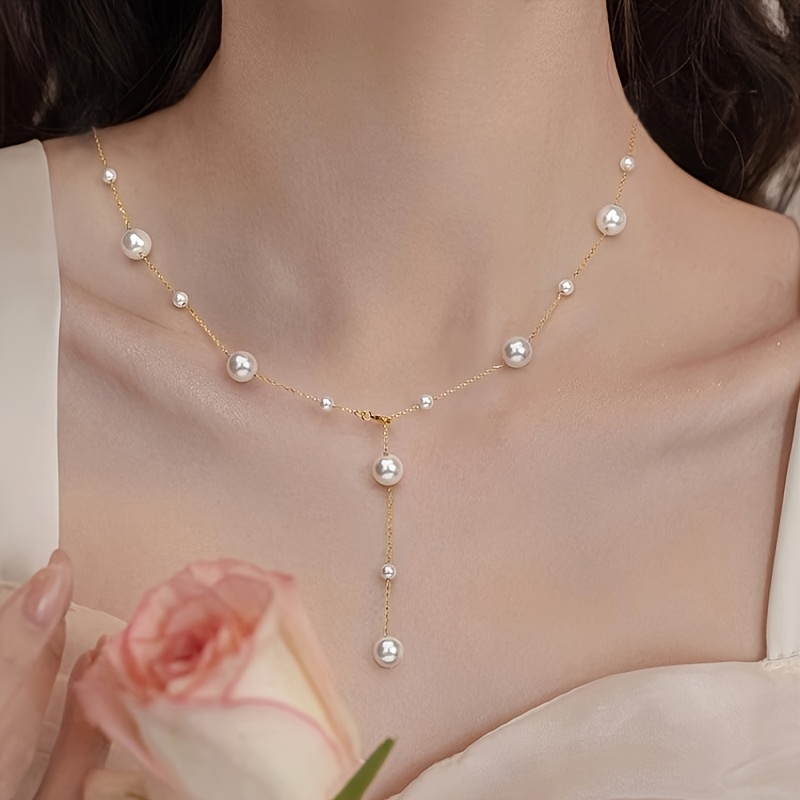 Women's Luxurious Long Imitation Pearl Necklace, Elegant Design